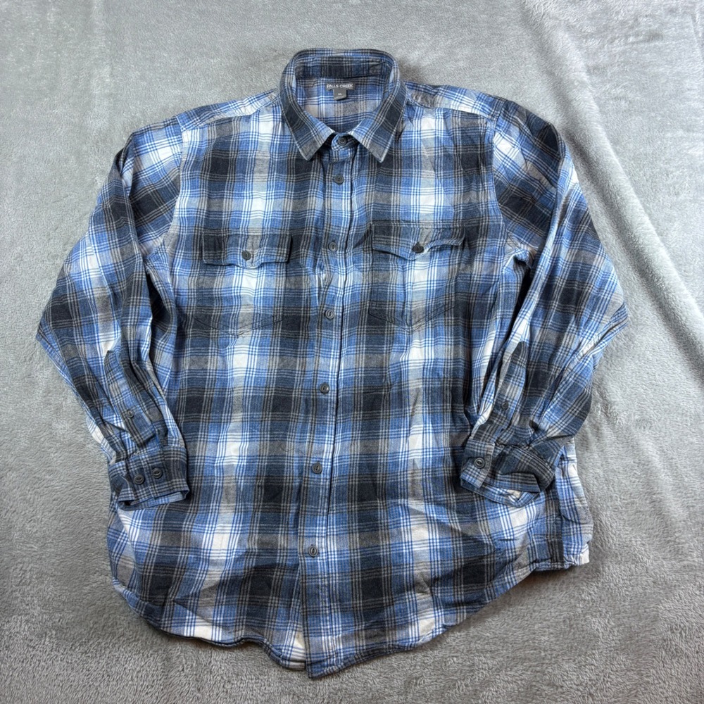 Falls Creek Shirt Mens XL Plaid Button Down Flannel Blue Grey